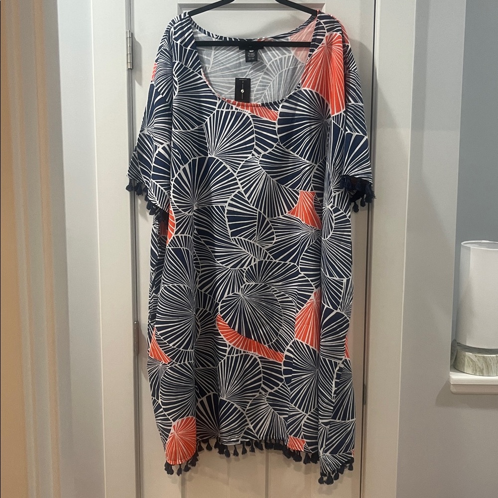 Linen blend Tropical Tassels NWT 30/32 Ashley Stewart Blue Orange Dress Coverup